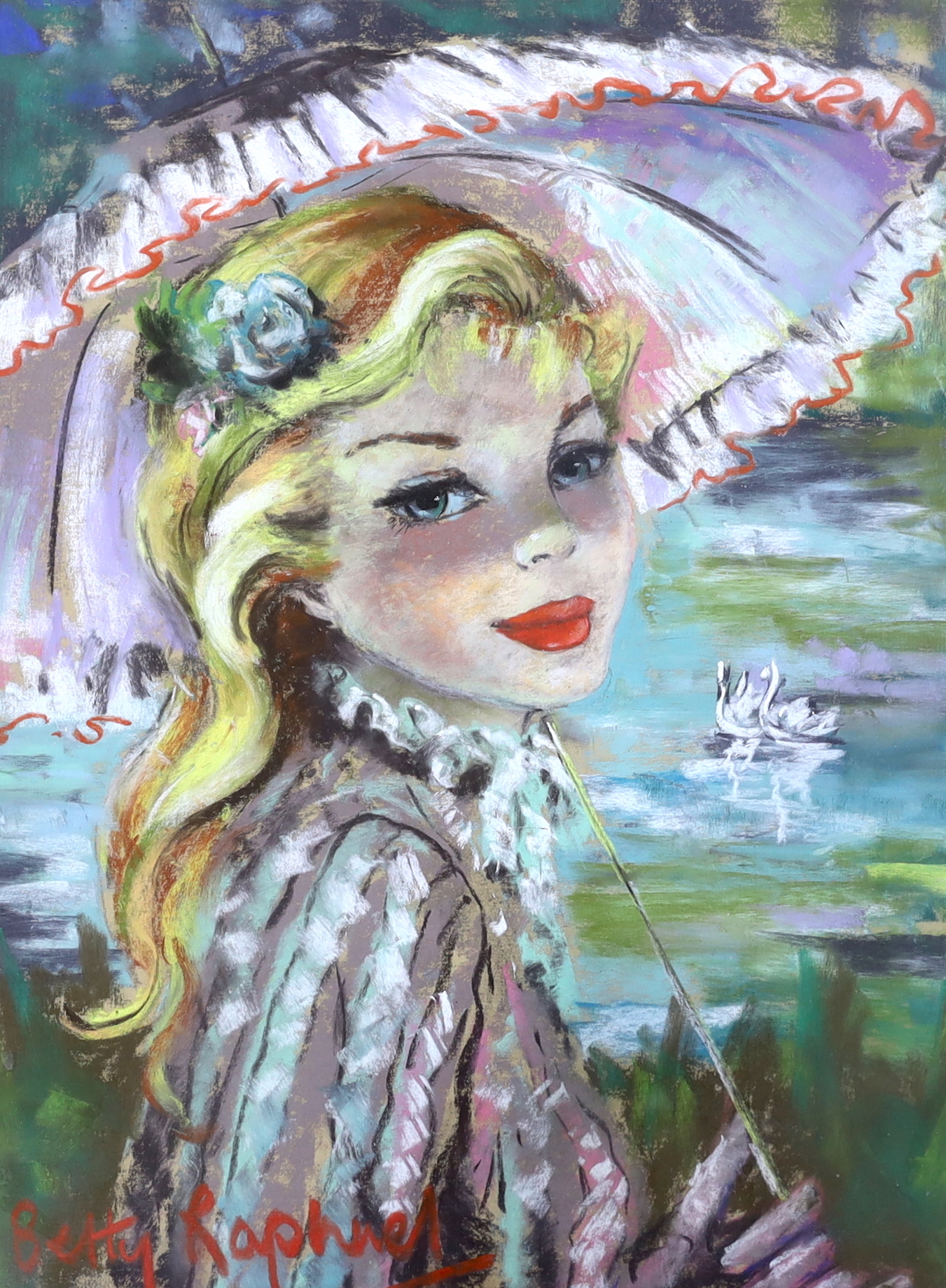 Betty Raphael (20th.C), pair of pastels, Portraits of young women holding parasols, each signed, 40 x 30cm